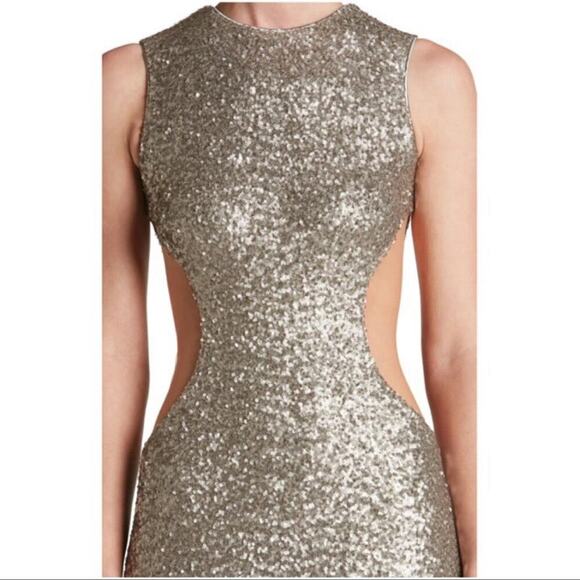 New Dress the Population Ryan Sequin Platinum Gunmetal Mesh Insert Midi Dress M - Picture 9 of 11